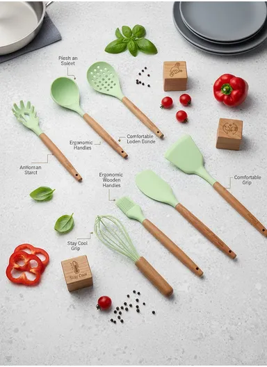 8-Pieces Heat-Resistant Kitchen Tools Set With Wooden Handles &amp; Holder - Green