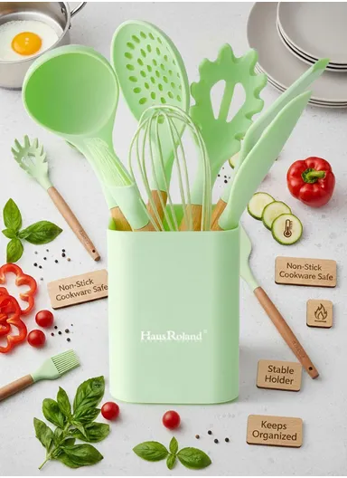 8-Pieces Heat-Resistant Kitchen Tools Set With Wooden Handles &amp; Holder - Green