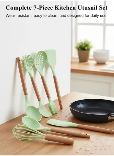 8-Pieces Heat-Resistant Kitchen Tools Set With Wooden Handles &amp; Holder - Green