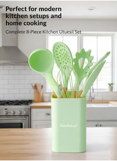 8-Pieces Heat-Resistant Kitchen Tools Set With Wooden Handles &amp; Holder - Green