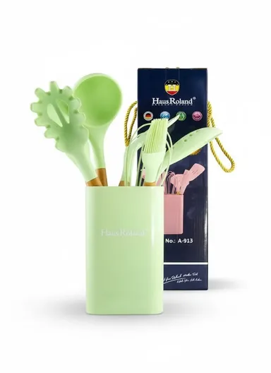 8-Pieces Heat-Resistant Kitchen Tools Set With Wooden Handles &amp; Holder - Green
