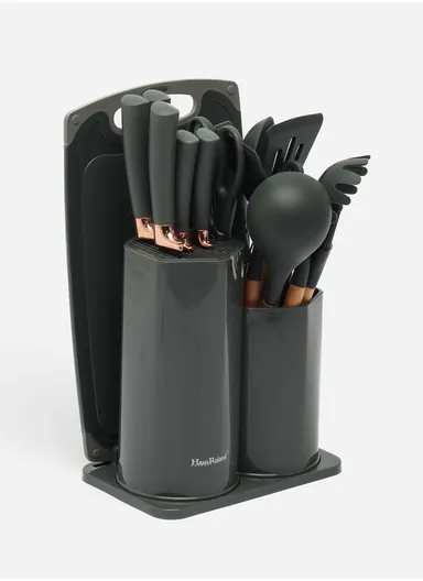 19-Pieces Premium Kitchen Utensils &amp; Knife Set With Holder and Cutting Board (W21 × D14 × H23)cm - Grey