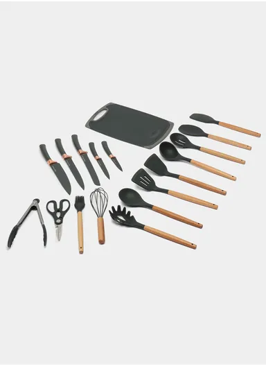 19-Pieces Premium Kitchen Utensils &amp; Knife Set With Holder and Cutting Board (W21 × D14 × H23)cm - Grey