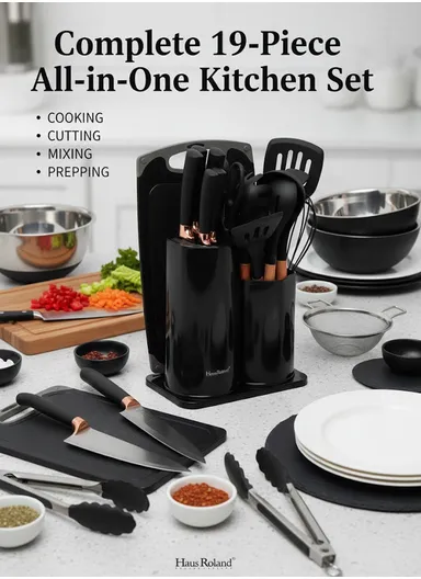 19-Pieces Premium Kitchen Utensils &amp; Knife Set With Holder and Cutting Board (W21 × D14 × H23)cm - Grey