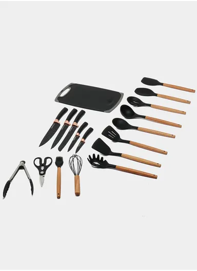 19-Pieces Premium Kitchen Utensils &amp; Knife Set With Holder and Cutting Board (W21 × D14 × H23)cm - Black