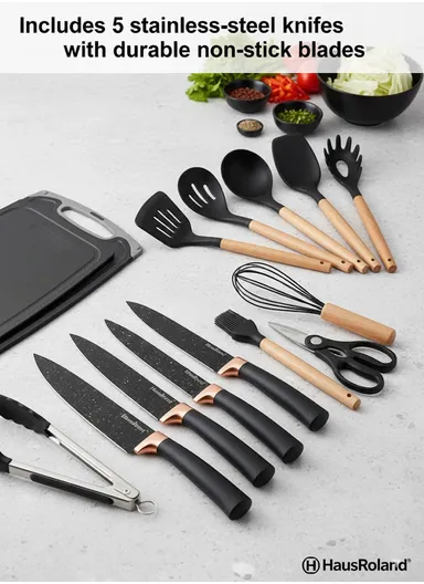 19-Pieces Premium Kitchen Utensils &amp; Knife Set With Holder and Cutting Board (W21 × D14 × H23)cm - Black