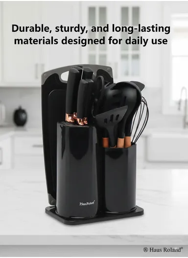19-Pieces Premium Kitchen Utensils &amp; Knife Set With Holder and Cutting Board (W21 × D14 × H23)cm - Black