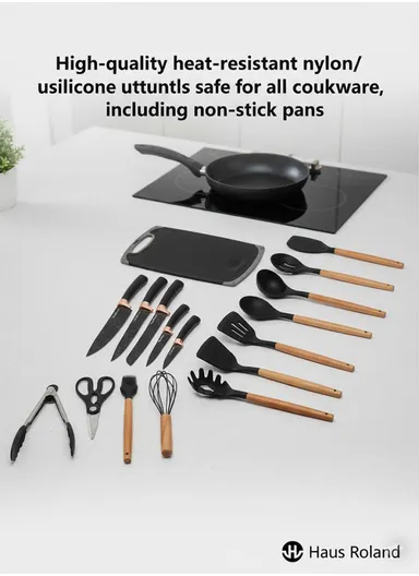 19-Pieces Premium Kitchen Utensils &amp; Knife Set With Holder and Cutting Board (W21 × D14 × H23)cm - Black