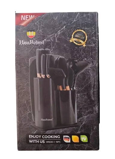 19-Pieces Premium Kitchen Utensils &amp; Knife Set With Holder and Cutting Board (W21 × D14 × H23)cm - Black