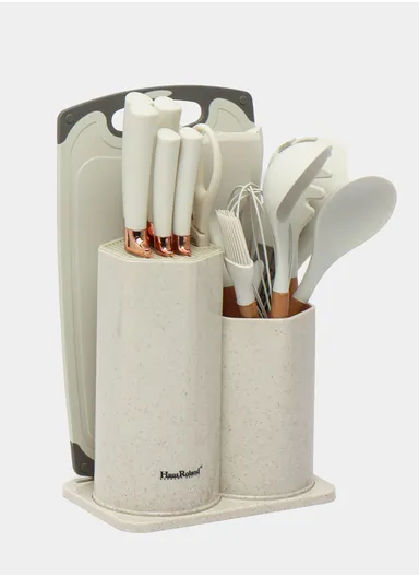 19-Pieces Premium Kitchen Utensils &amp; Knife Set With Holder and Cutting Board (W21 × D14 × H23)cm - White