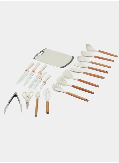19-Pieces Premium Kitchen Utensils &amp; Knife Set With Holder and Cutting Board (W21 × D14 × H23)cm - White