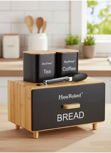 Bamboo Drawer-Style Bread Box with 2 Storage Canisters - Black