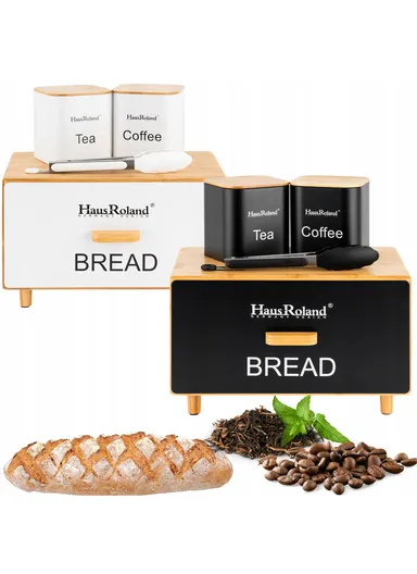 Bamboo Drawer-Style Bread Box with 2 Storage Canisters - Black