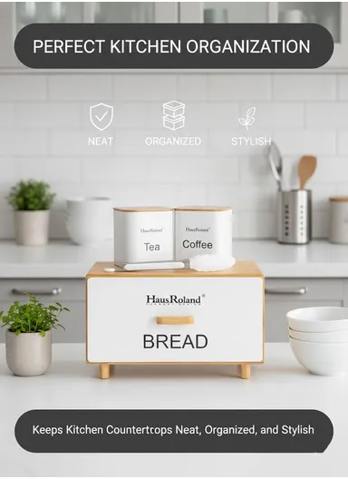 Bamboo Drawer-Style Bread Box with 2 Storage Canisters - Black