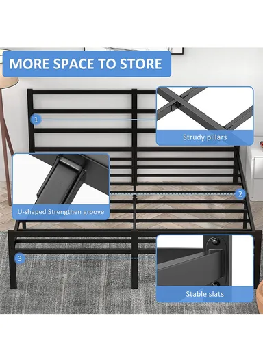 55-inch Heavy-Duty Twin Size Steel Bed Frame with Anti-Slide Locks &amp; Protective Non-Scratch Feet (L190 x W140 x H45)cm - Black