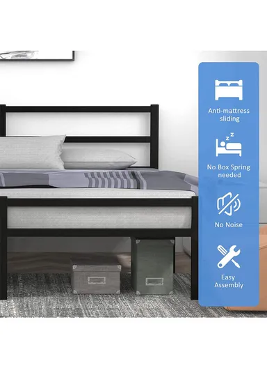 55-inch Heavy-Duty Twin Size Steel Bed Frame with Anti-Slide Locks &amp; Protective Non-Scratch Feet (L190 x W140 x H45)cm - Black