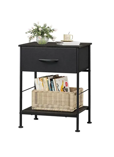 1-Drawer Non-Woven Fabric Nightstand with Open Storage Shelf &amp; Sturdy Metal Frame (W38 x D30 x H63)cm - Black