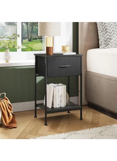 1-Drawer Non-Woven Fabric Nightstand with Open Storage Shelf &amp; Sturdy Metal Frame (W38 x D30 x H63)cm - Black