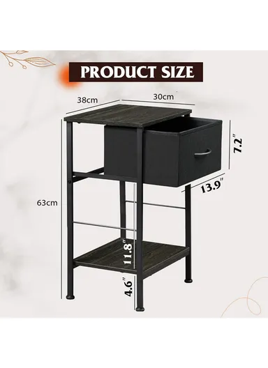1-Drawer Non-Woven Fabric Nightstand with Open Storage Shelf &amp; Sturdy Metal Frame (W38 x D30 x H63)cm - Black