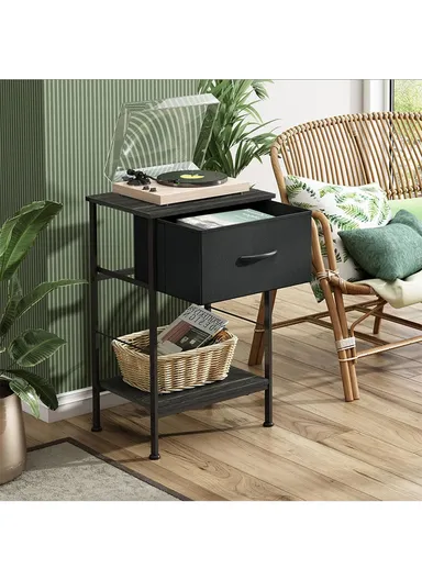 1-Drawer Non-Woven Fabric Nightstand with Open Storage Shelf &amp; Sturdy Metal Frame (W38 x D30 x H63)cm - Black
