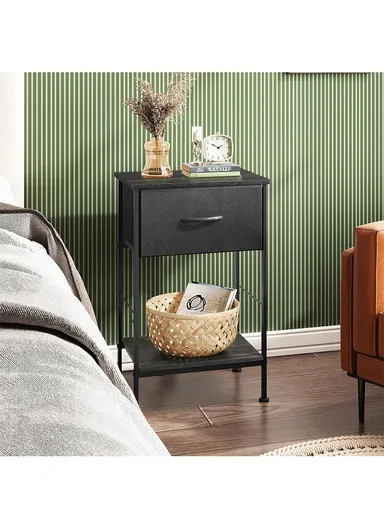 1-Drawer Non-Woven Fabric Nightstand with Open Storage Shelf &amp; Sturdy Metal Frame (W38 x D30 x H63)cm - Black