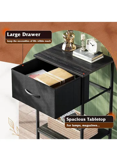 1-Drawer Non-Woven Fabric Nightstand with Open Storage Shelf &amp; Sturdy Metal Frame (W38 x D30 x H63)cm - Black