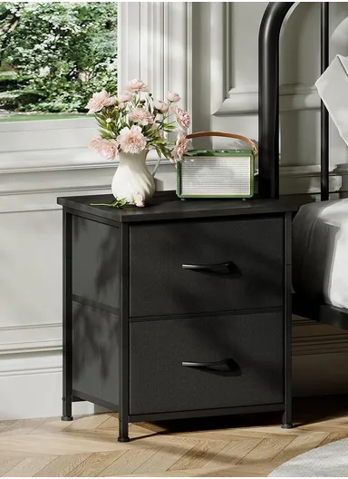2-Drawer Storage Dresser, Bedroom Nightstand with Metal Frame &amp; Fabric Bins, Living Room End Table SD201 (W42 x D30 x H55)cm - Black