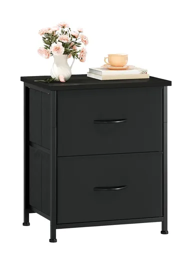 2-Drawer Storage Dresser, Bedroom Nightstand with Metal Frame &amp; Fabric Bins, Living Room End Table SD201 (W42 x D30 x H55)cm - Black