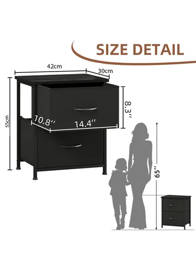 2-Drawer Storage Dresser, Bedroom Nightstand with Metal Frame &amp; Fabric Bins, Living Room End Table SD201 (W42 x D30 x H55)cm - Black
