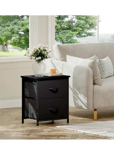 2-Drawer Storage Dresser, Bedroom Nightstand with Metal Frame &amp; Fabric Bins, Living Room End Table SD201 (W42 x D30 x H55)cm - Black