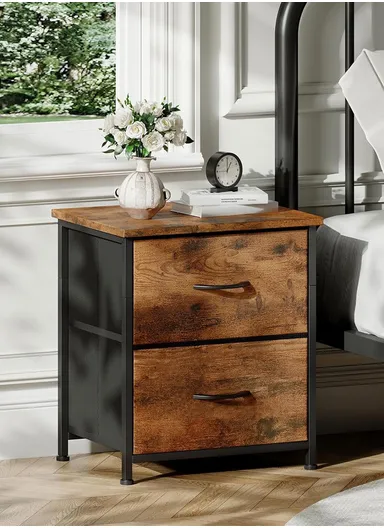 2-Drawer Storage Dresser, Bedroom Nightstand with Metal Frame &amp; Fabric Bins, Living Room End Table SD201 (W42 x D30 x H55)cm - Tiger Grain