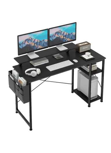 55" Home Office Computer Desk with Monitor Stand, Reversible 2-Tier Storage Shelves &amp; Side Pouch (W140 x D50 x H88)cm - Black