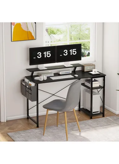 55" Home Office Computer Desk with Monitor Stand, Reversible 2-Tier Storage Shelves &amp; Side Pouch (W140 x D50 x H88)cm - Black