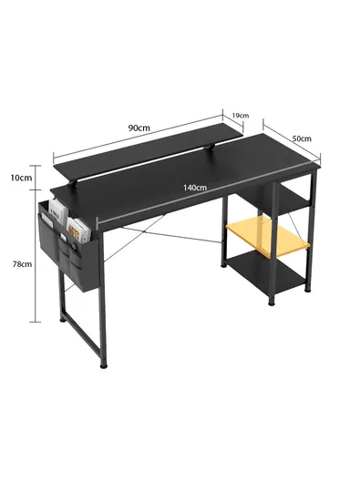 55" Home Office Computer Desk with Monitor Stand, Reversible 2-Tier Storage Shelves &amp; Side Pouch (W140 x D50 x H88)cm - Black