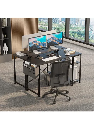 55" Home Office Computer Desk with Monitor Stand, Reversible 2-Tier Storage Shelves &amp; Side Pouch (W140 x D50 x H88)cm - Black