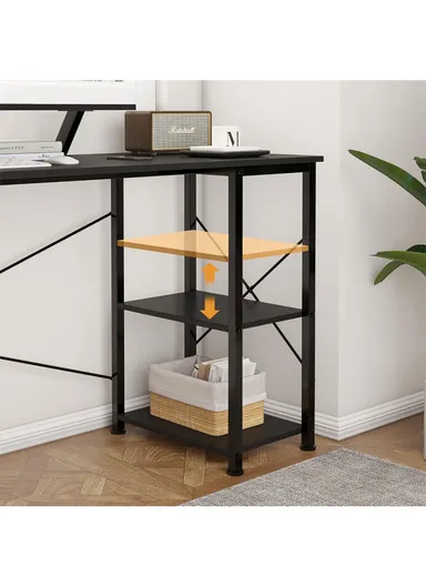 55" Home Office Computer Desk with Monitor Stand, Reversible 2-Tier Storage Shelves &amp; Side Pouch (W140 x D50 x H88)cm - Black