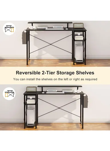 55" Home Office Computer Desk with Monitor Stand, Reversible 2-Tier Storage Shelves &amp; Side Pouch (W140 x D50 x H88)cm - Black