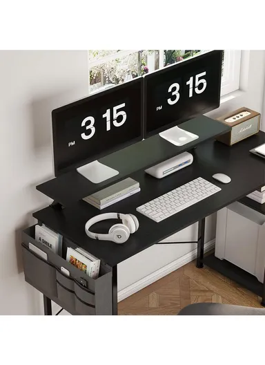 55" Home Office Computer Desk with Monitor Stand, Reversible 2-Tier Storage Shelves &amp; Side Pouch (W140 x D50 x H88)cm - Black