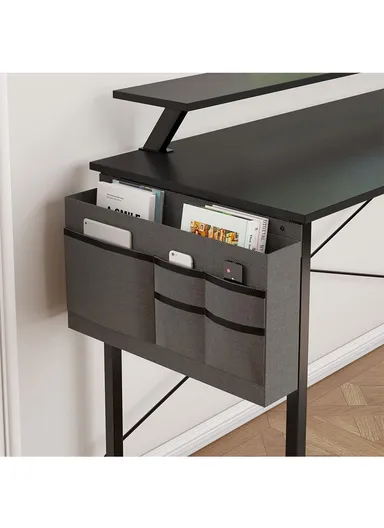 55" Home Office Computer Desk with Monitor Stand, Reversible 2-Tier Storage Shelves &amp; Side Pouch (W140 x D50 x H88)cm - Black