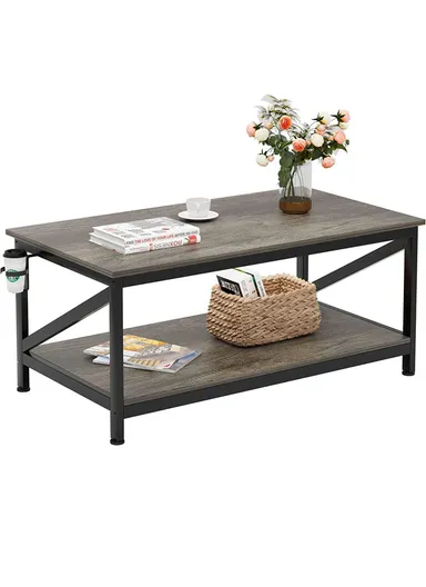 2-Tier Industrial Coffee Table, Durable Living Room Tea Table with Metal Frame, Storage Shelf &amp; Adjustable Feet (W100 x D55 x H45.5)cm - Grey Oak