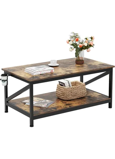 2-Tier Industrial Coffee Table, Durable Living Room Tea Table with Metal Frame, Storage Shelf &amp; Adjustable Feet (W100 x D55 x H45.5)cm - Tiger Wood