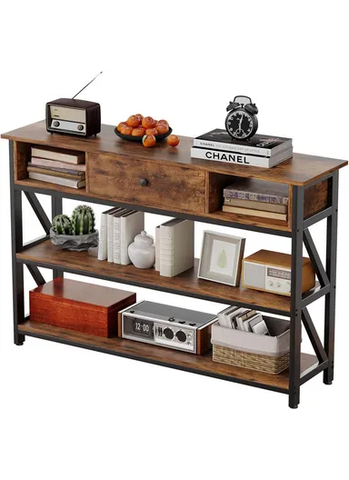 39" Industrial 3-Tier Console Table with Drawer &amp; Storage Shelves, Entryway Sofa Table (W100 x D30 x H80)cm - Tiger Grain