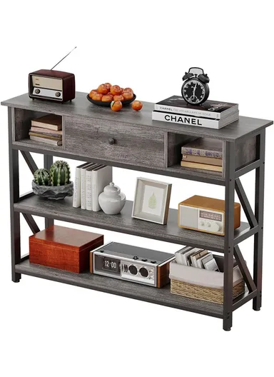 39" Industrial 3-Tier Console Table with Drawer &amp; Storage Shelves, Entryway Sofa Table (W100 x D30 x H80)cm - Grey Oak