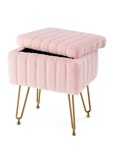 Square Faux Fur Storage Ottoman Stool with Metal Legs &amp; Hidden Storage (W40 x D30 x H48.5)cm - Pink