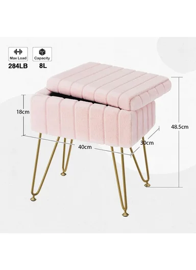 Square Faux Fur Storage Ottoman Stool with Metal Legs &amp; Hidden Storage (W40 x D30 x H48.5)cm - Pink