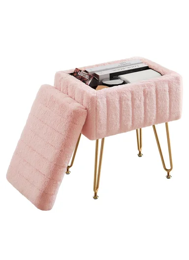 Square Faux Fur Storage Ottoman Stool with Metal Legs &amp; Hidden Storage (W40 x D30 x H48.5)cm - Pink