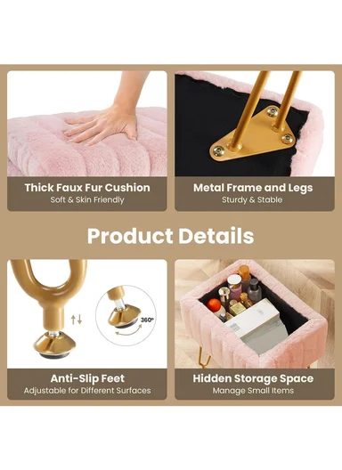 Square Faux Fur Storage Ottoman Stool with Metal Legs &amp; Hidden Storage (W40 x D30 x H48.5)cm - Pink