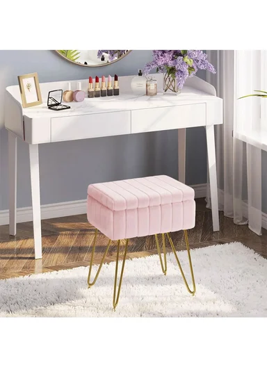 Square Faux Fur Storage Ottoman Stool with Metal Legs &amp; Hidden Storage (W40 x D30 x H48.5)cm - Pink