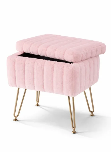 Square Faux Fur Storage Ottoman Stool with Metal Legs &amp; Hidden Storage (W40 x D30 x H48.5)cm - Pink