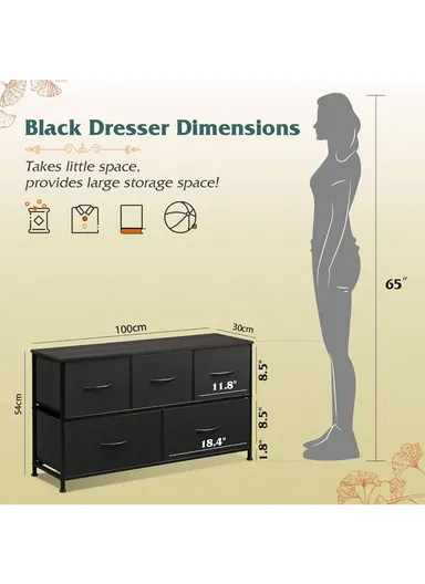 2-Layer 5-Drawer Fabric Storage Dresser, Large Capacity Non-Woven Organizer Cabinet with Metal Frame (W100 x D30 x H54)cm - Black